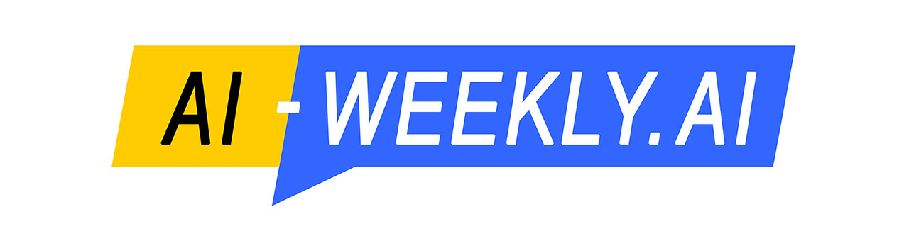 A white background features a speech bubble containing the text 'AI - WEEKLY.AI'; the word 'AI' is in bold black letters inside a yellow rectangle, while 'WEEKLY.AI' is in bold white letters against a blue background, suggesting a modern and tech-oriented theme.