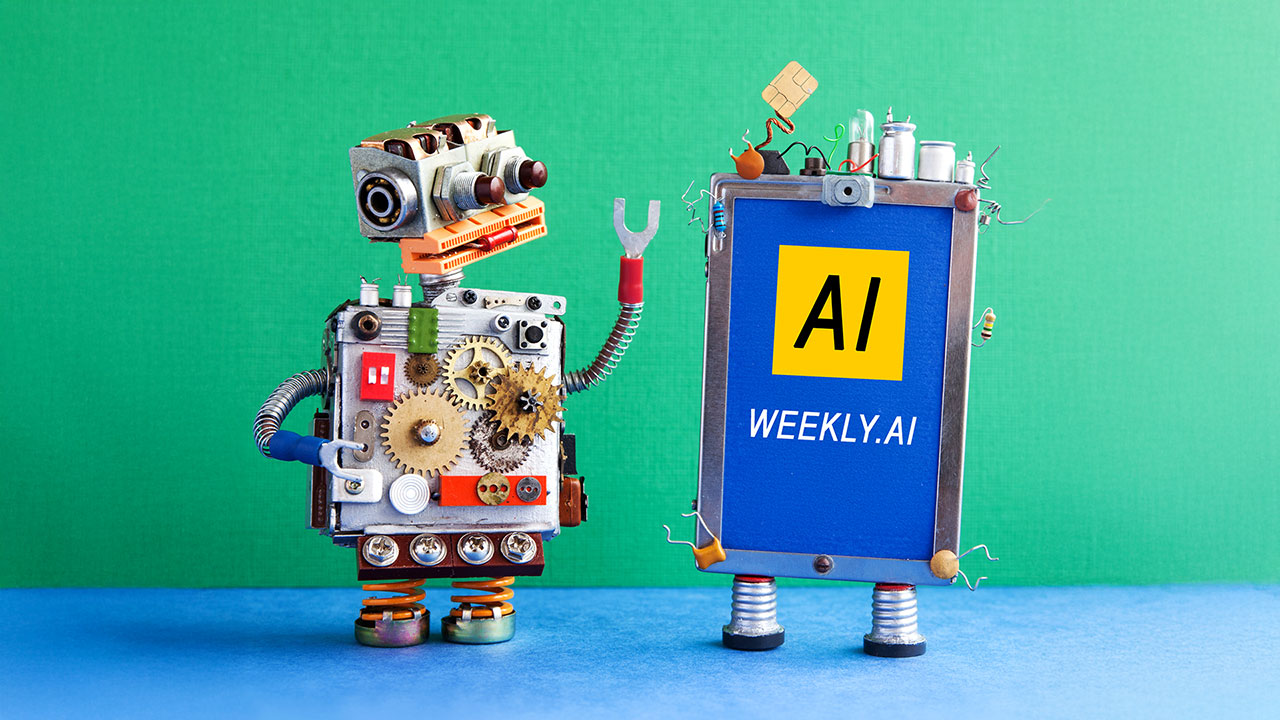 A whimsical robot made from metallic parts, gears, and springs stands on a blue surface against a green background. The robot has a mechanical face with a camera lens for an eye and an orange vent-like mouth. It raises one clawed hand toward a second robotic figure resembling a signpost, which has a blue rectangular screen displaying 'AI' in bold black letters on a yellow background, along with 'WEEKLY.AI' in white text. The signpost robot has small electronic components like resistors and wires protruding from its top and stands on two screw-like legs.