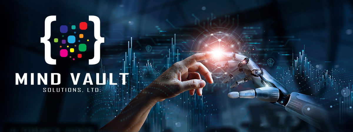 Mind Vault Solutions, Ltd. logo. Two large curly braces hold at their center a cloud of colored dots of varying sizes and colors. The dots represent your data. The curly braces represent the many solutions provided by Mind Vault that help your data succeed.