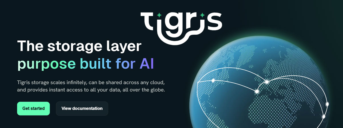 A dark-themed promotional graphic for Tigris shows a stylized logo above the tagline 'The storage layer purpose built for AI' in bold white and gradient blue text. Below, smaller text describes Tigris storage as scalable, cloud-shareable, and providing global data access. To the right, a digital illustration of Earth with glowing connection lines symbolizes global data networks. At the bottom left are two buttons labeled 'Get started' in green and 'View documentation' in dark gray.